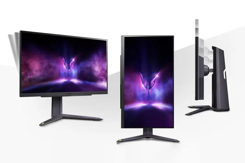 Three views of a sleek computer monitor in different orientations.