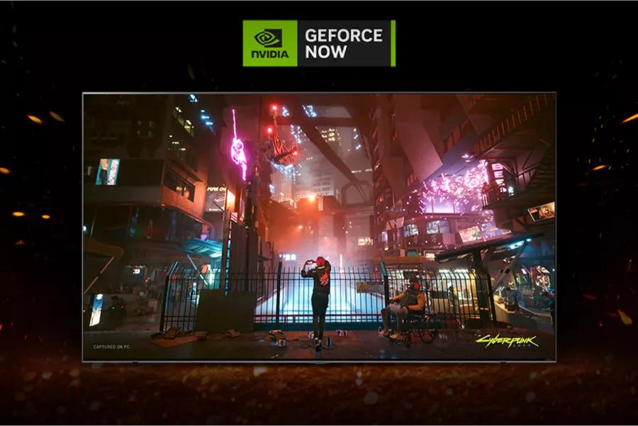 Video game content on screen. NVIDIA GEFORCE NOW logo