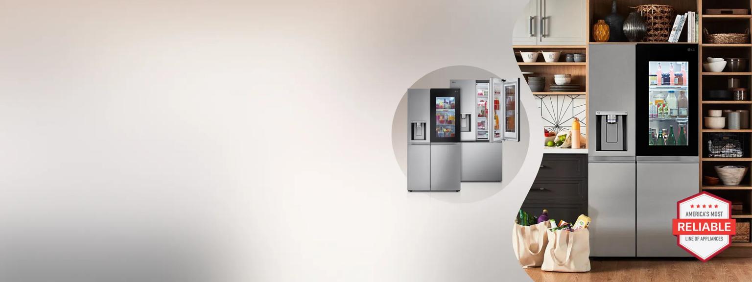 French Door fridge in stylish kitchen setting. Various fridges appear on pop-out to left. “America’s Most Reliable Line of Home appliances” badge.