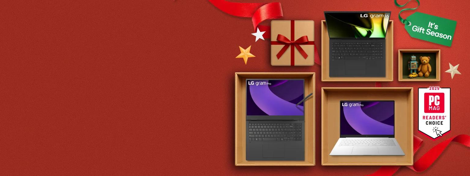 “It’s Gift Season” tag. Various LG laptops and holiday-themed items appear on a gift box collage layout. “2025 PC MAG Readers’ Choice” badge.