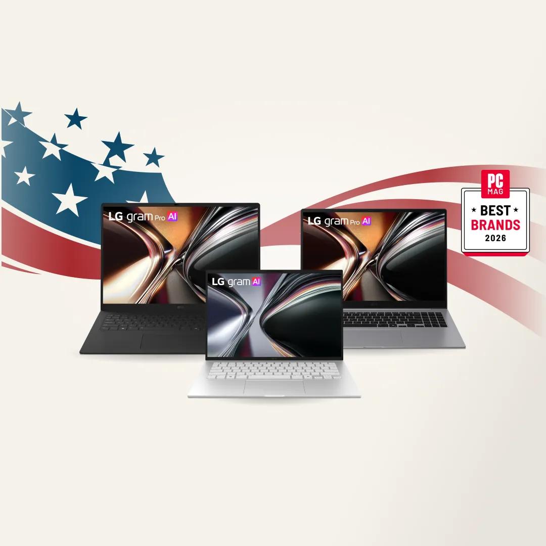 Three LG gram laptops displayed against a patriotic American flag graphic for Labor Day, featuring two LG gram Pro AI laptops and one LG gram AI laptop, with PC Mag Best Brands 2026 badge.