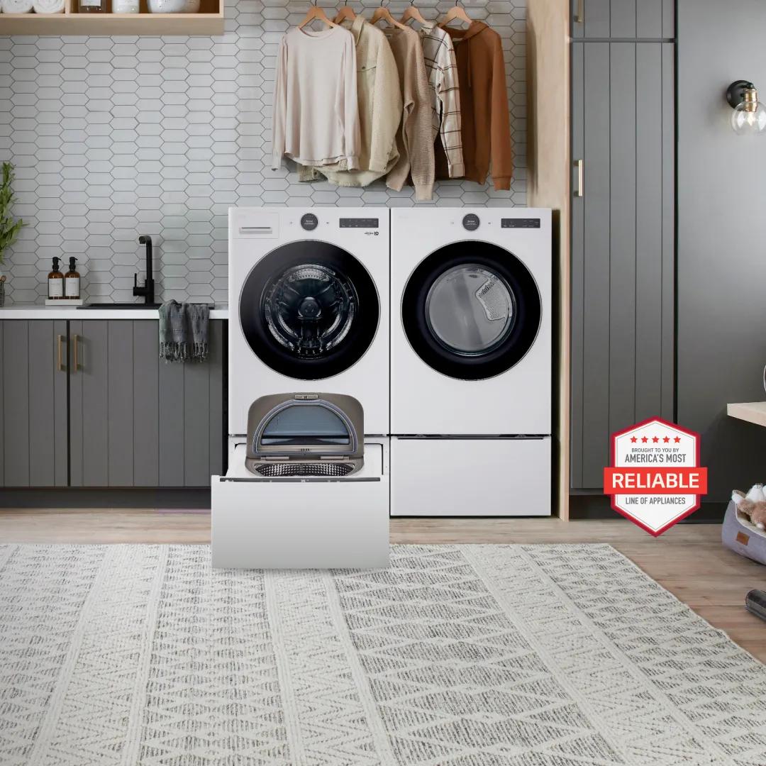 An LG Washer and Dryer appear in a stylish laundry room setting. “America’s Most Reliable Line of Home Appliances”.