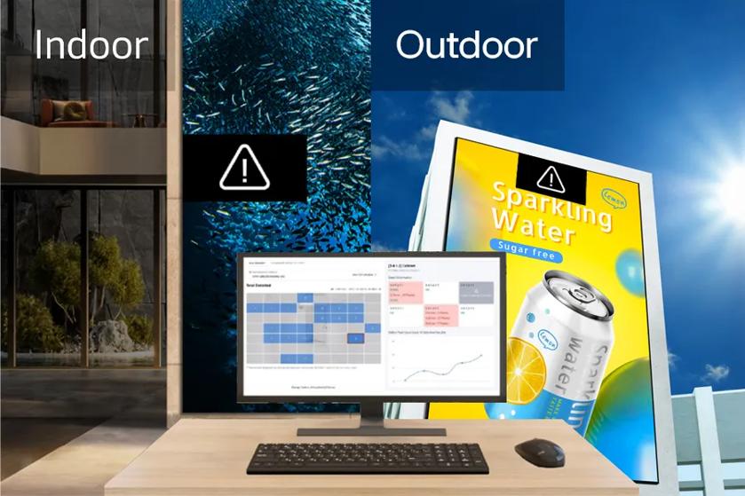 Computer monitor in front of two images, showing LG displays indoors and outdoors. The monitor shows ConnectedCare alerts corresponding to the displays.