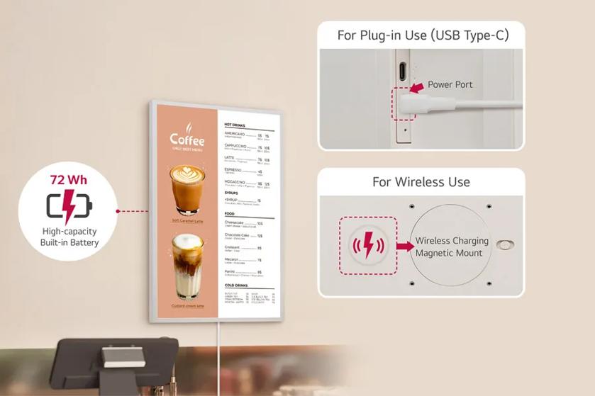 LG e-paper display in a cafe setting. Callout pop outs highlight the 72 Wh high capacity built in battery, and both USB Type-C plug in power port and Wireless charging magnetic mount. 
