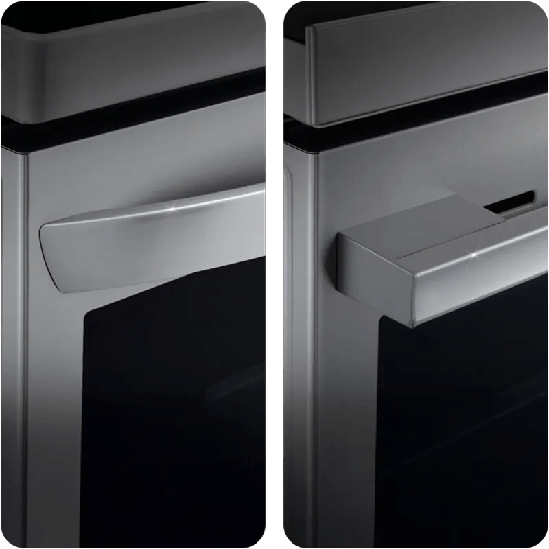 Two LG ranges are shown side by side—one with curved handle design and one with straight handle design.