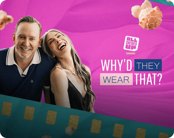 Promotional banner for the show 'Why'd They Wear That?' against a vibrant magenta background with bold text and scattered popcorn graphics.