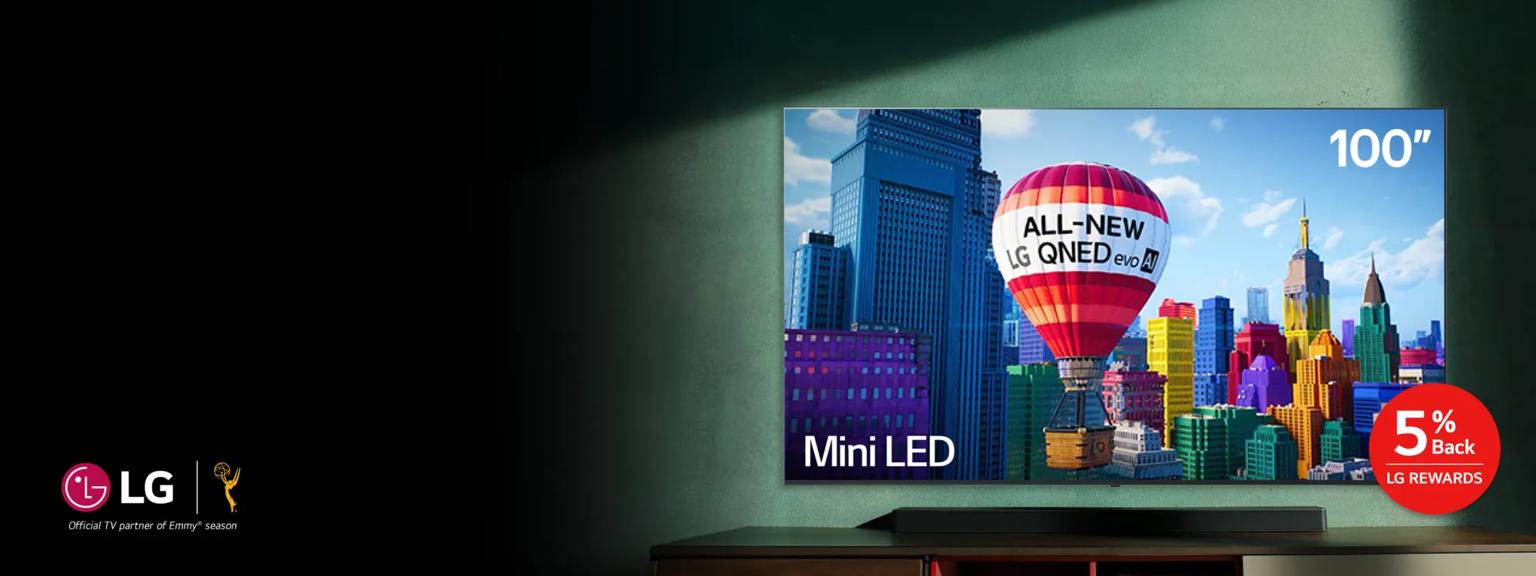 AN LG QNED TV displays a vivid and colorful image. Pop-out text reads “5% back MyLG Rewards”.