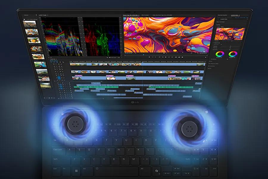 LG 16Z95U-G.AU87U1 Laptop with Dual Cooling system showing blue cooling vents while running video editing software