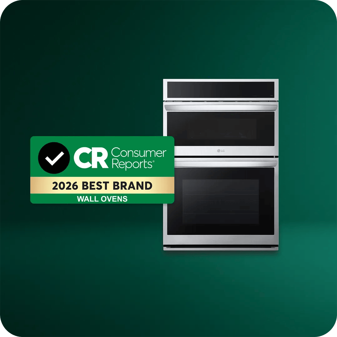 A stainless steel double wall oven on a green background with a Consumer Reports 2026 Best Brand badge for wall ovens.