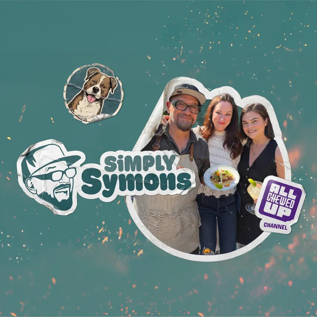 Simply Symons show featuring three people posing with a plated dish, with All Chewed Up Channel badge and dog illustration sticker on teal background.