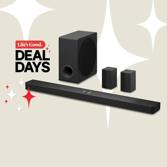 “Life’s Good Deal Days” title badge. LG soundbar on a tan background. 