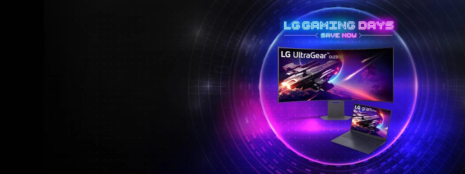 ”LG GAMING DAYS” title badge.  An UltraGear OLED Monitor and gram laptop appear on a purple background.