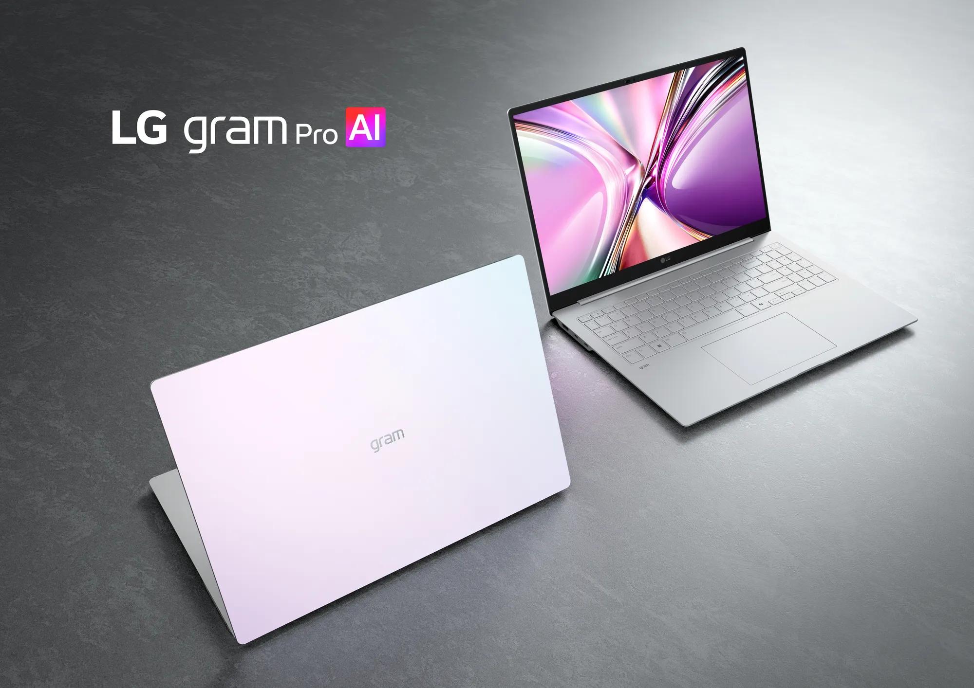 LG gram Pro AI laptops shown from rear and open-display angles with vibrant on-screen graphics