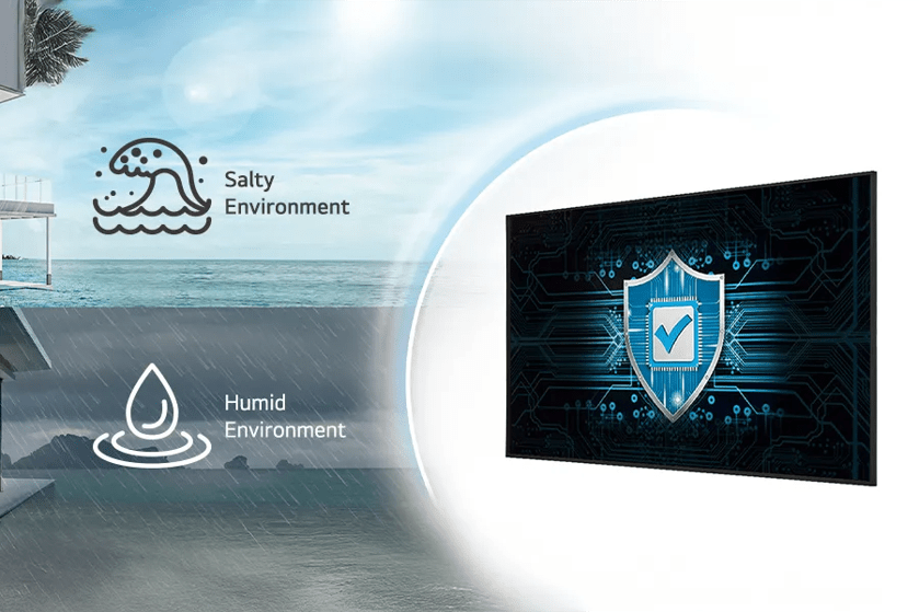 An image contrasting a coastal environment with a digital display showing a shield and checkmark.

Transcribed Text:

"Salty Environment"
"Humid Environment"