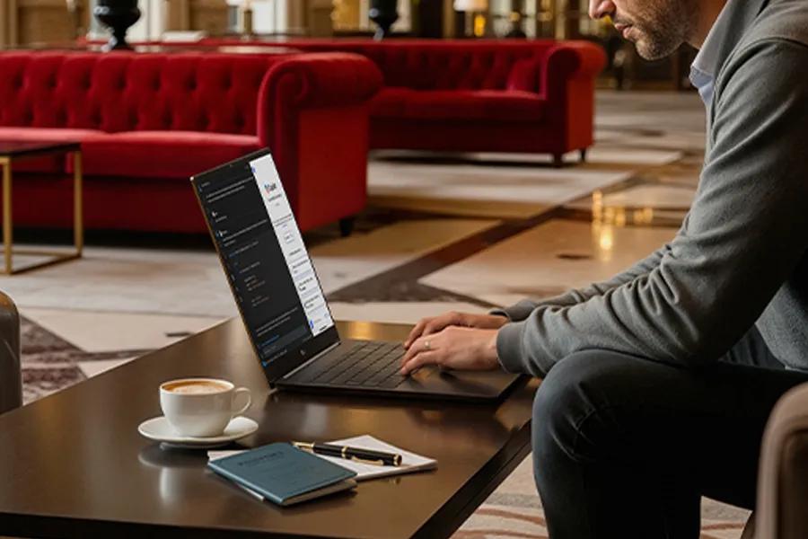 LG Gram 16Z95U-G.AU87U1 laptop being used in elegant lounge with coffee cup and notebook on wooden table, red sofa in background