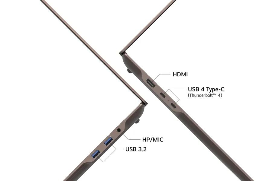 LG Gram 17Z90UB-H.AU75U3 laptop connectivity features showing HDMI, USB 4 Type-C Thunderbolt 4, HP/MIC and USB 3.2 ports