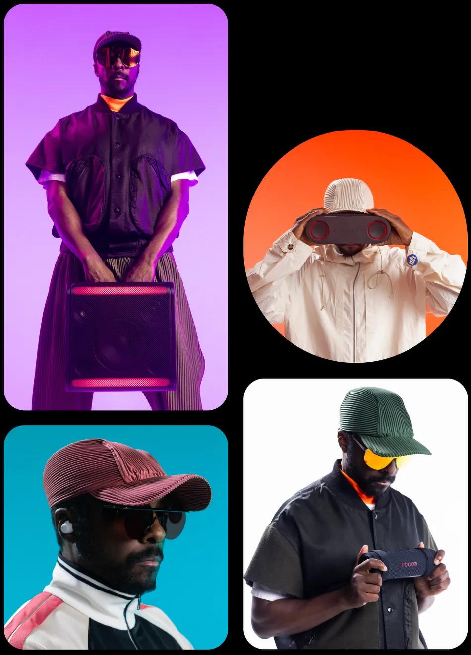 Will.i.am carrying an xboom speaker with both hands