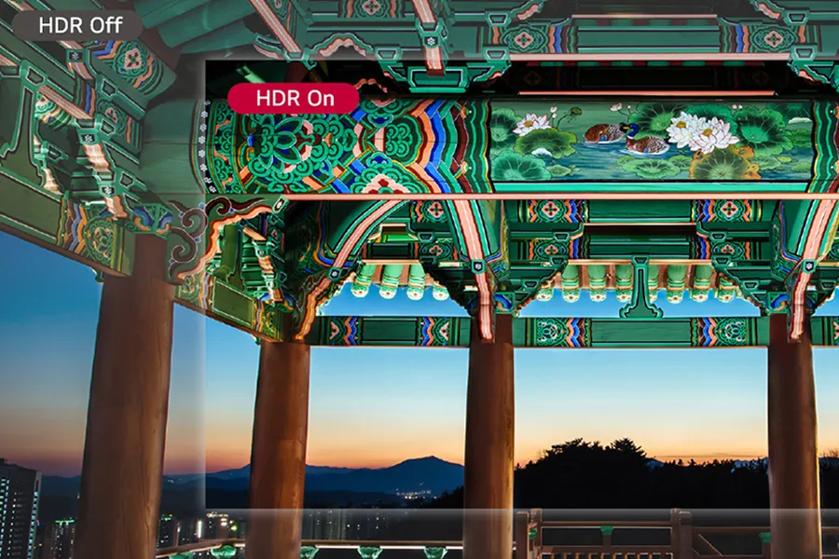 HDR comparison of ornate traditional structure interior, with a sunset view.

Transcribed Text:

HDR Off
HDR On