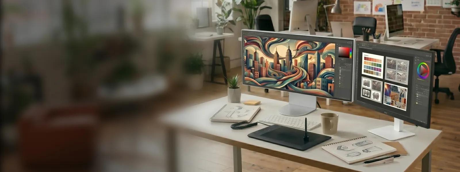 2 LG Monitors appear on an organized desktop.