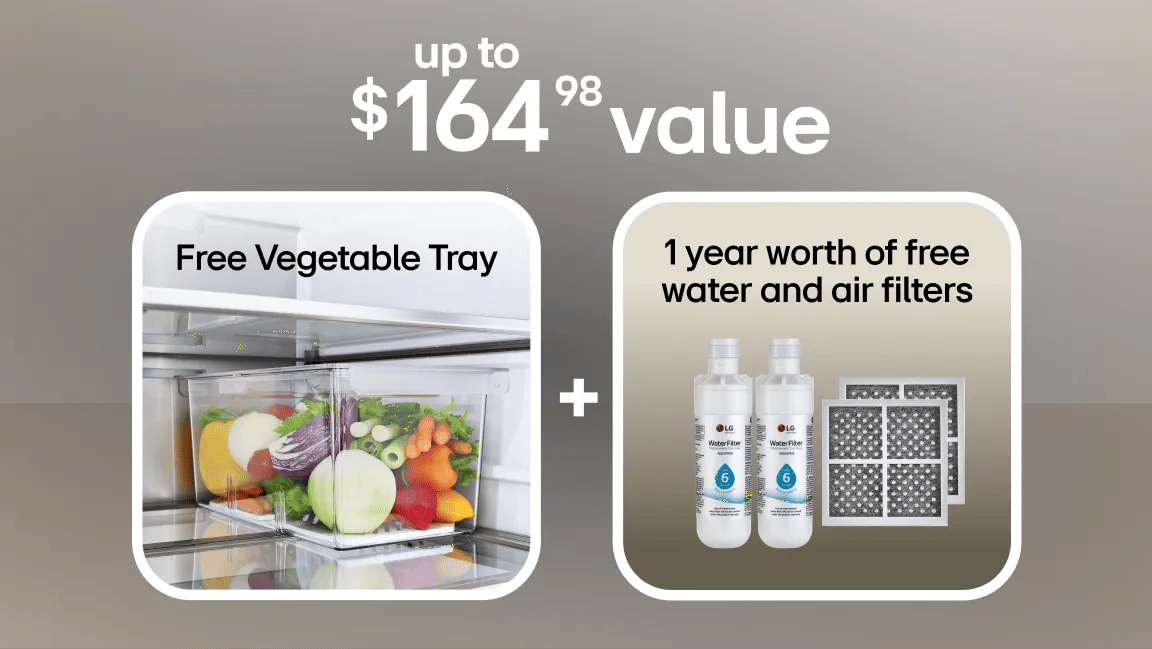 2 pop-outs display “Free Vegetable Tray” and “1 year worth of free water & air filters” (2 water and 2 air filters) with text “Up to $164.98 value”.