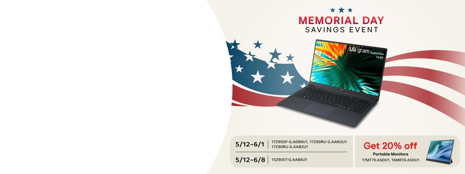 LG Gram SuperSlim OLED laptop showcased in a Memorial Day Savings Event promotion with American flag graphics, discount dates, and an offer for 20% off portable monitors.