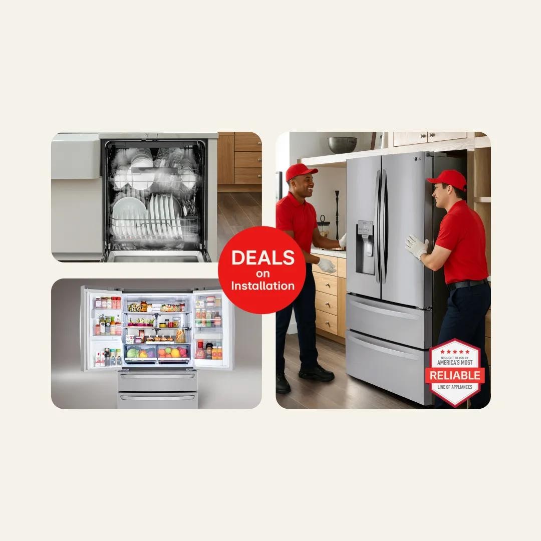 LG refrigerator and dishwasher bundle deals on installation promotion, showing an open dishwasher loaded with dishes, an open French door refrigerator stocked with food, and two installers in red uniforms delivering an LG French door refrigerator, with a DEALS on Installation badge and America's Most RELIABLE LINE OF APPLIANCES badge.