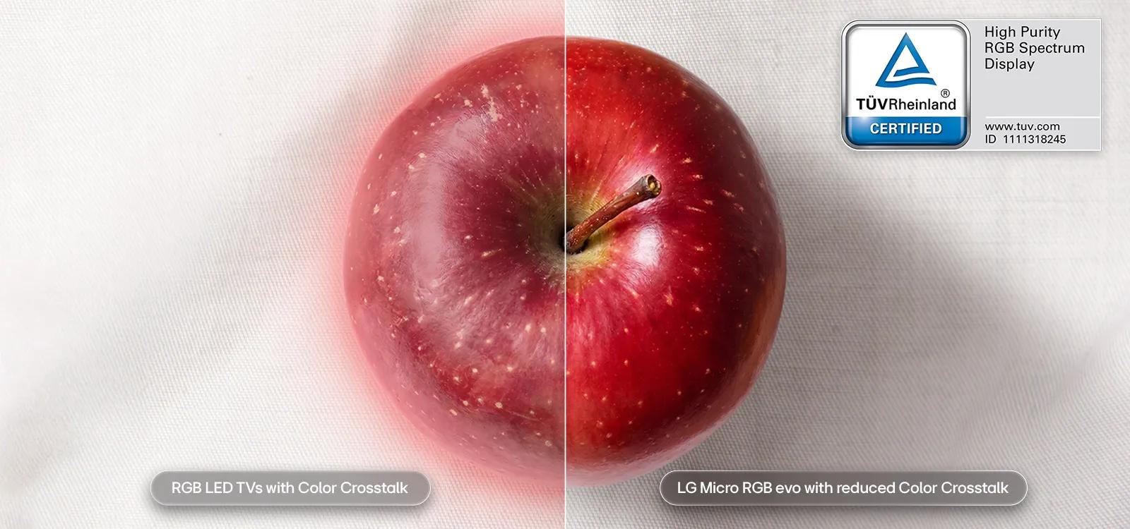 LG Micro RGB evo AI MRGB95 features a TÜV Rheinland Certified High Purity RGB Spectrum Display that delivers LG’s highest purity color as can be seen by comparing an image of an apple displayed on RGB LED TVs with Color Crosstalk versus on the LG Micro RGB evo with reduced Color Crosstalk, which shows more accurate and vibrant color expression.