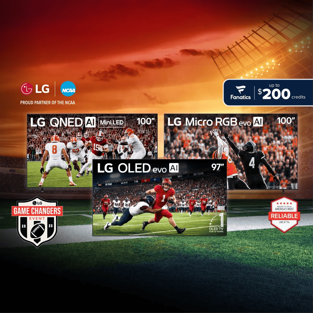 LG QNED AI Mini LED 100", LG OLED evo AI 97", and LG Micro RGB evo AI 100" TVs displaying college football, LG Proud Partner of the NCAA, LG Game Changers Event 2026 badge, Fanatics up to $200 credits, with World's No.1 OLED TV for 13 Years badge on the OLED evo AI, and Brought to You by America's Most Reliable Line of TVs badge.