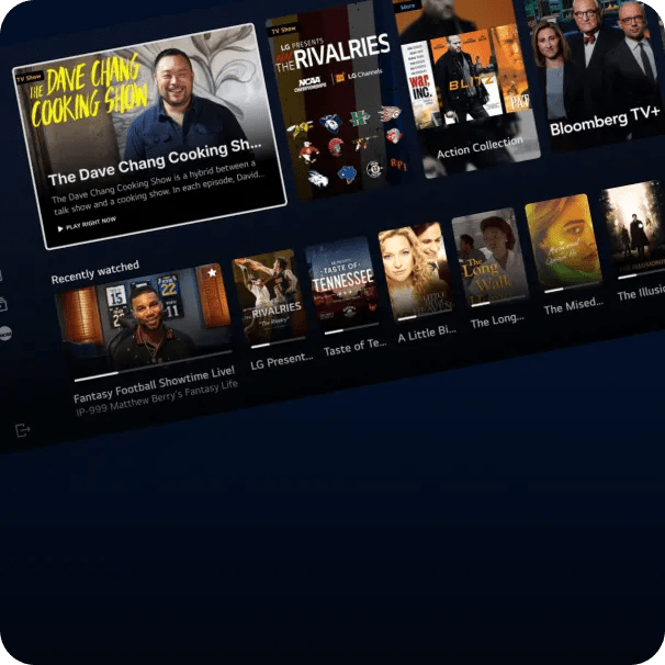 A streaming interface for LG Channels featuring show tiles for The Dave Chang Cooking Show, The Rivalries and a gallery of Recently Watched shows.