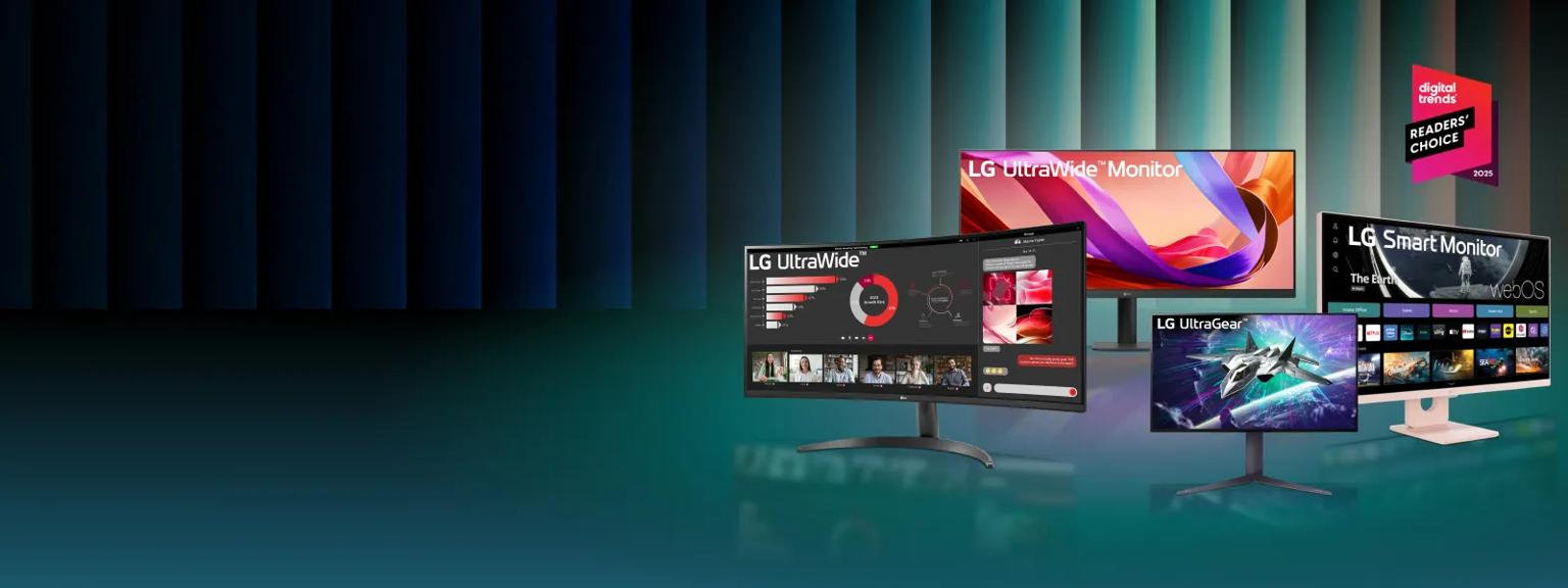 A group of LG monitors on a green background. “Digital Trends Readers’ Choice 2025” badge.