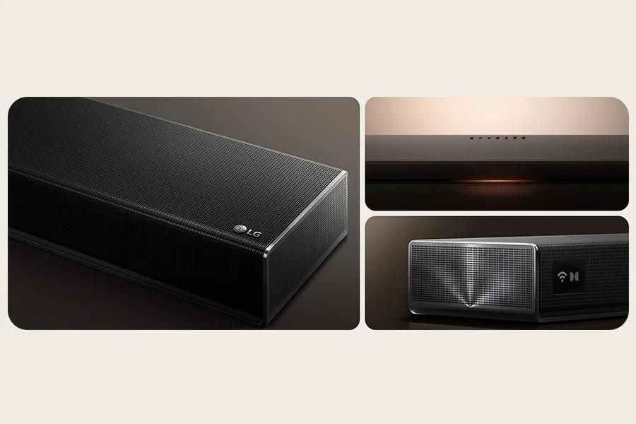 Close up beauty and detailed image of the LG Sound Suite Soundbar 