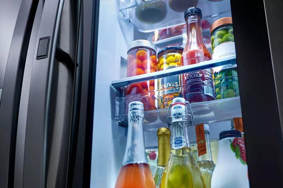 open refrigerator with drinks