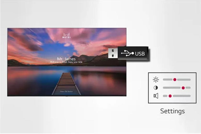LG Hospitality TV showing USB settings.