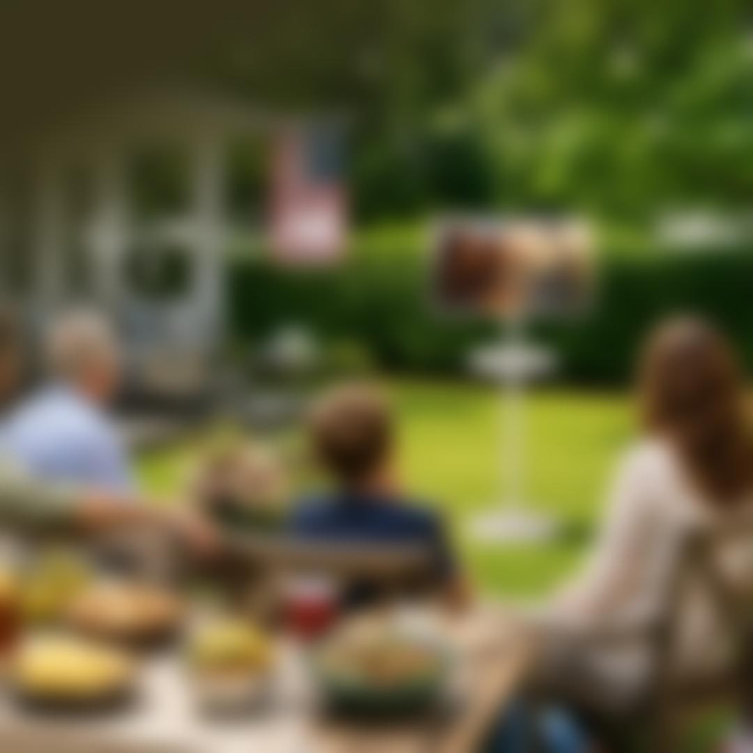 LG portable TV on a stand outdoors as a family watches during a backyard Labor Day gathering with food on the table, with text reading So free. So ME.