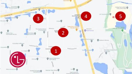 A map of the Lincolnshire area with four hotels marked and numbered, and an LG logo marking the location of the Chicago BIC.