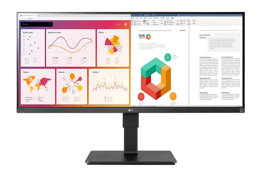 A wide LG monitor displaying a dashboard of charts on the left and a document with text and graphics on the right.