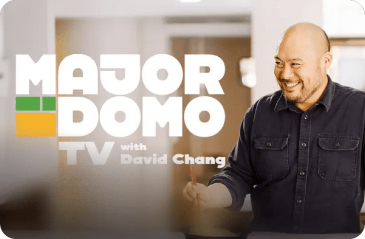 Majordomo TV with David Chang title card featuring chef David Chang smiling in a kitchen setting beside bold white text.