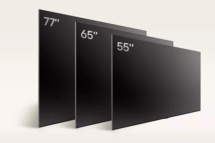 Three LG OLED B4 screens lined up showing the increase in size from 55”, 65”, and 77”. 