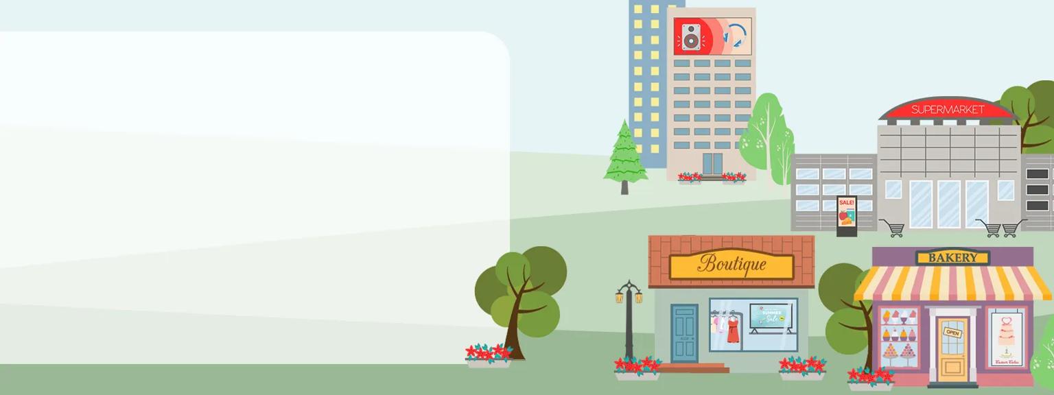 Illustrated town scene with a supermarket, multistory office buildings, and two boutiques, all with various LG signage