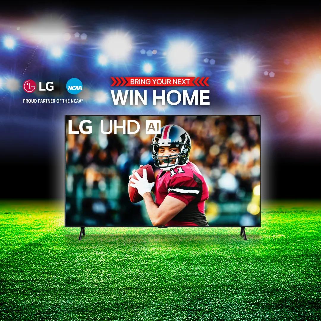 “Bring your next win home” title badge. An LG UHD TV on a football field backdrop. A quarterback scanning the field appears on TV infill. “LG + NCAA: Proud Partner of the NCAA” badge. 