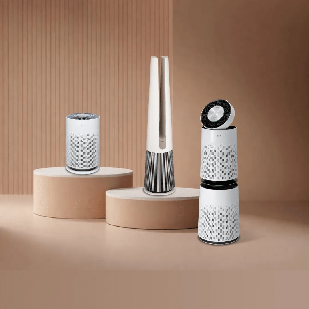 Various LG Air Care products appear on a beige background.