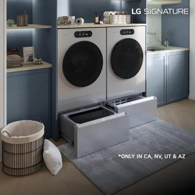 A sleek front load washer and dryer in an upscale, modern laundry room. An “LG SIGNATURE” title badge appears on the top right.