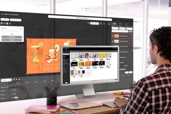 Person working on a computer with a digital design interface showing "Autumn Cocktails."
