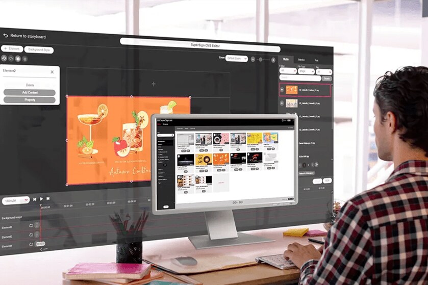 Person working on a computer with a digital design interface showing "Autumn Cocktails."