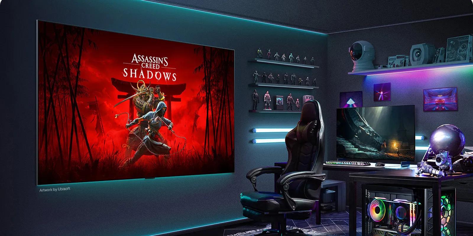 In a gaming room at home, a huge LG TV is mounted on the wall. On its screen is artwork from Assassin's Creed Shadows. 