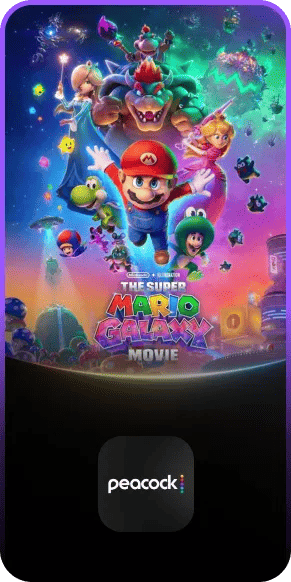 LG TV screen displaying The Super Mario Galaxy Movie on Peacock streaming service with colorful character artwork