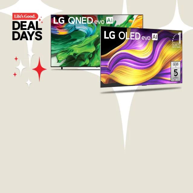 “Life’s Good Deal Days” title badge. An OLED, QNED TV on a white background. “100% color volume” badge.
