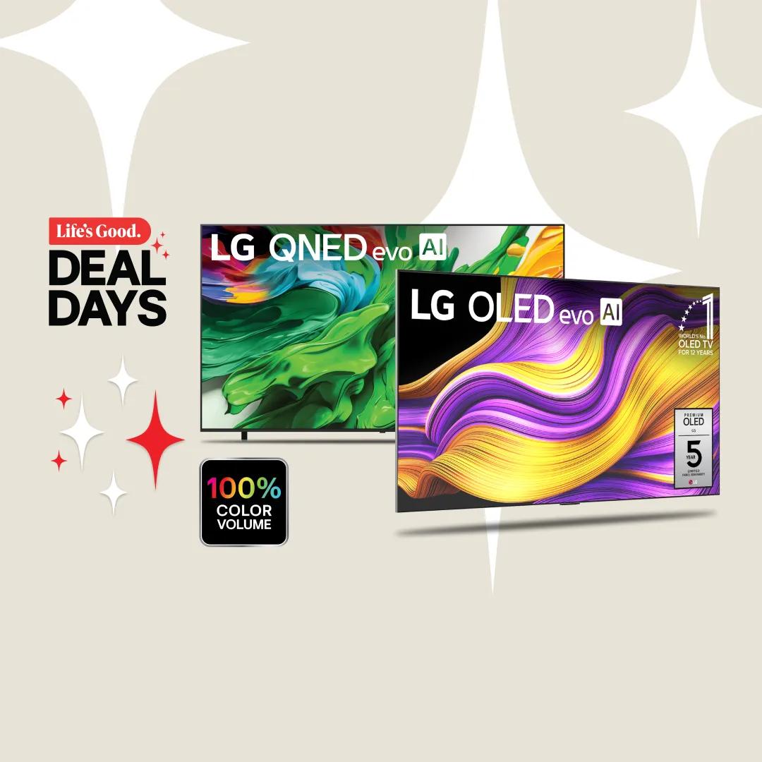 “Life’s Good Deal Days” title badge. An OLED, QNED TV on a white background. “100% color volume” badge.