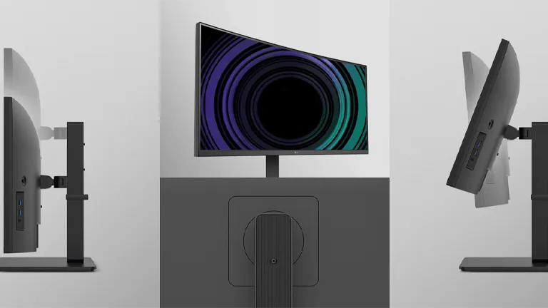 Three views of a curved computer monitor with a colorful spiral pattern on the screen.