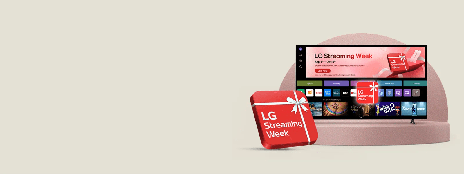 The LG Streaming Week promotion is displayed on an LG TV screen with various streaming apps and content thumbnails, alongside a 3D LG Streaming Week gift icon. The banner shows the event dates September 1 to October 5 and highlights subscription discounts or free passes.